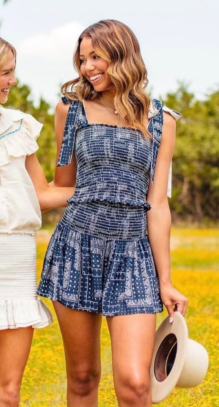 Koch Navy Blue Bandana Cece Top Erika Skirt Smocked Matching 2-Piece Set SMALL